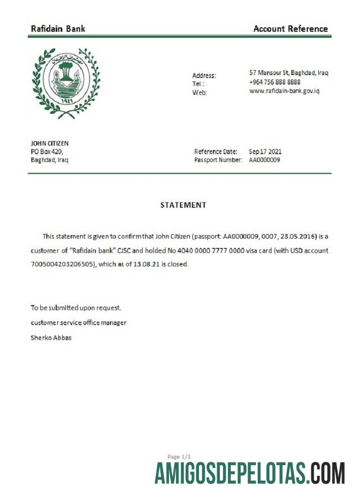 Referência de fechamento de Rafidain no Iraque modelo